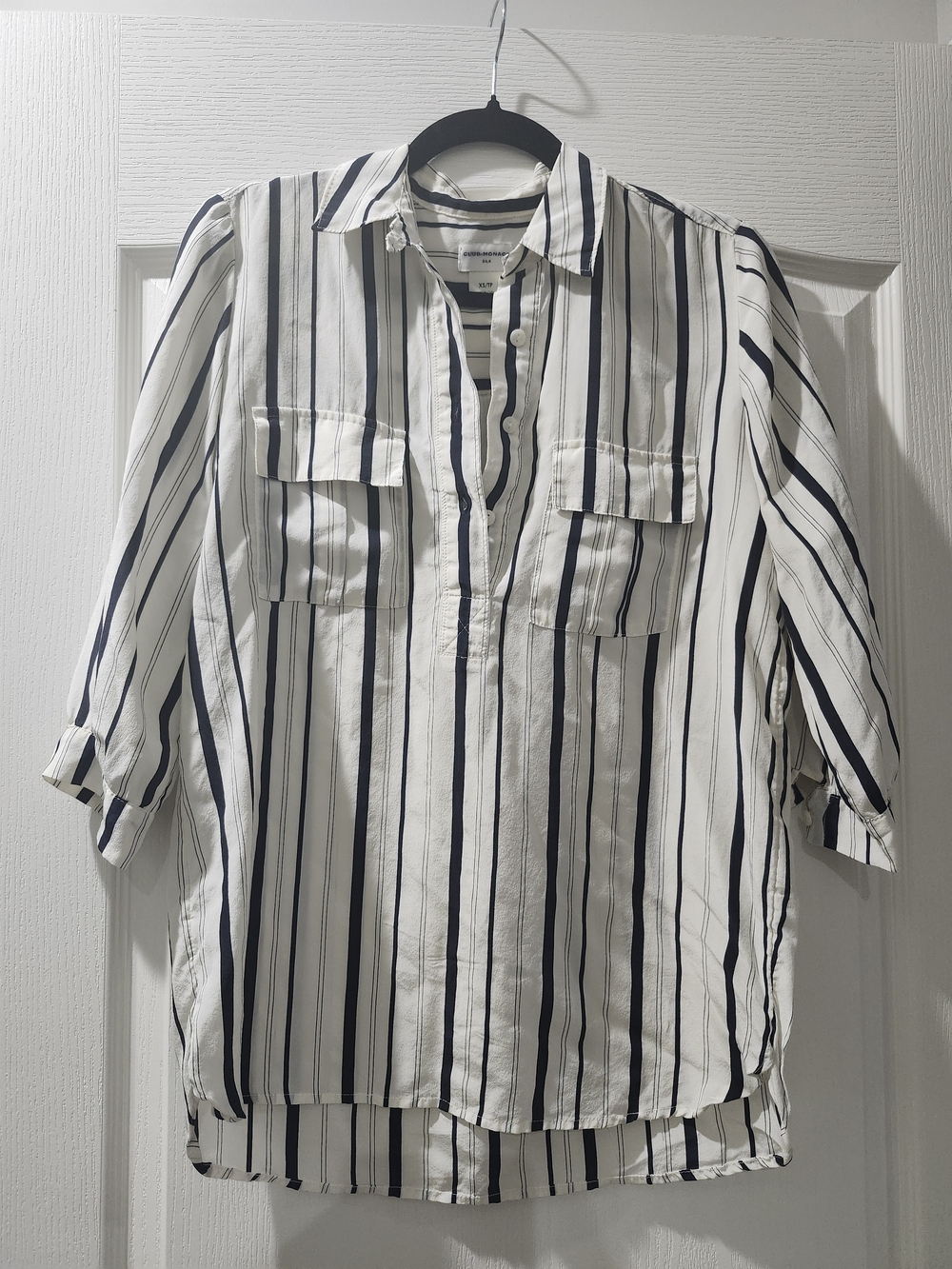 Club Monaco Silk Striped Blouse in White & Navy